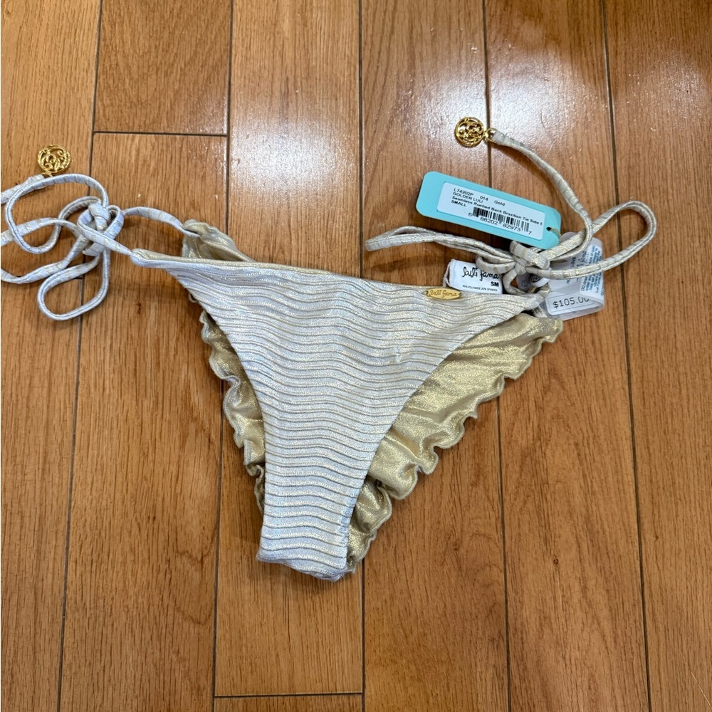 NWT Luli Fama Gold Shimmery Reversible Tie Bikini Bottoms Small